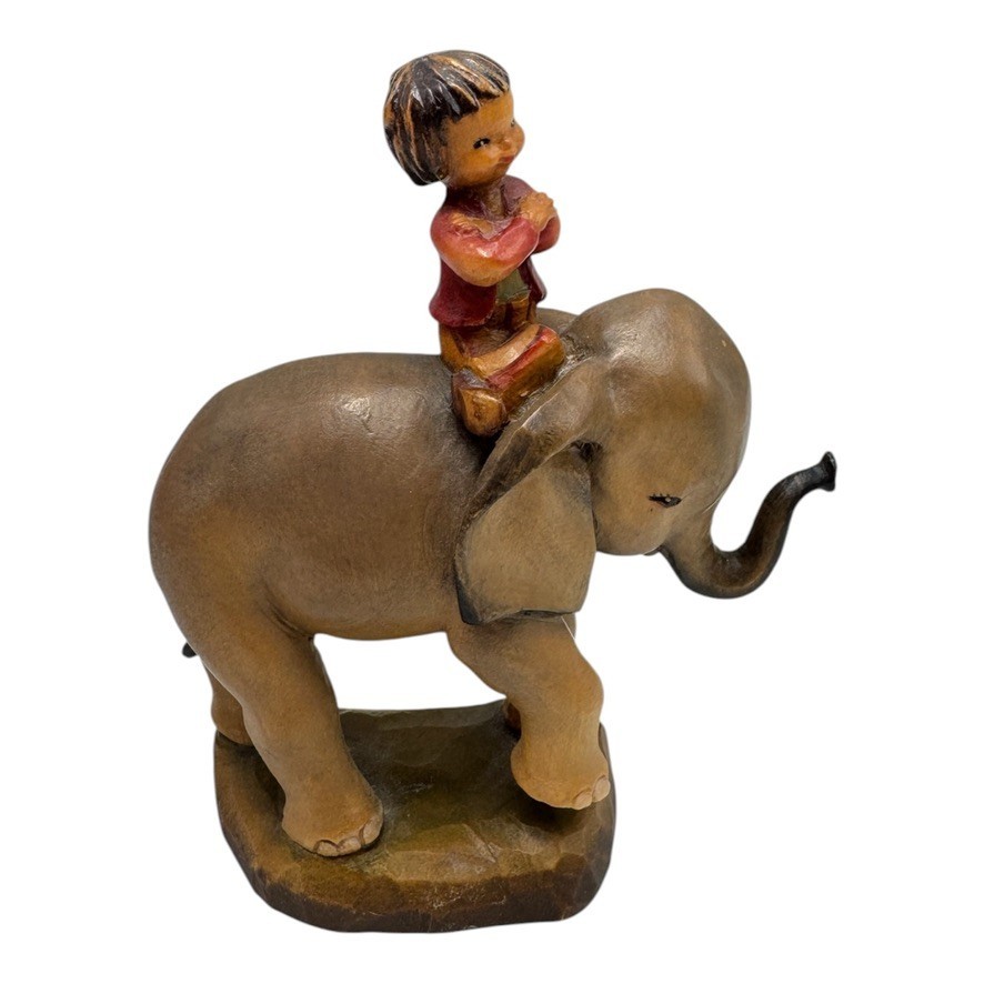 ANRI Juan Ferrandiz Wood Carved Figurine Boy on Elephant Hand Painted