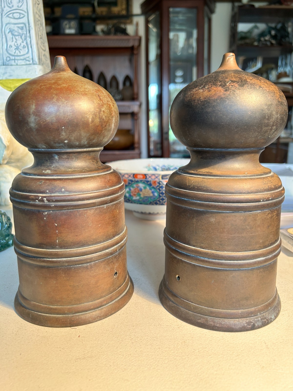 Antique Bronze Giboshi (Onion-shaped Finial) Set of 2 For Shrines and Temples Antique Bronze Giboshi (Onion-shaped Finial) Set of 2 For Shrines and Temples