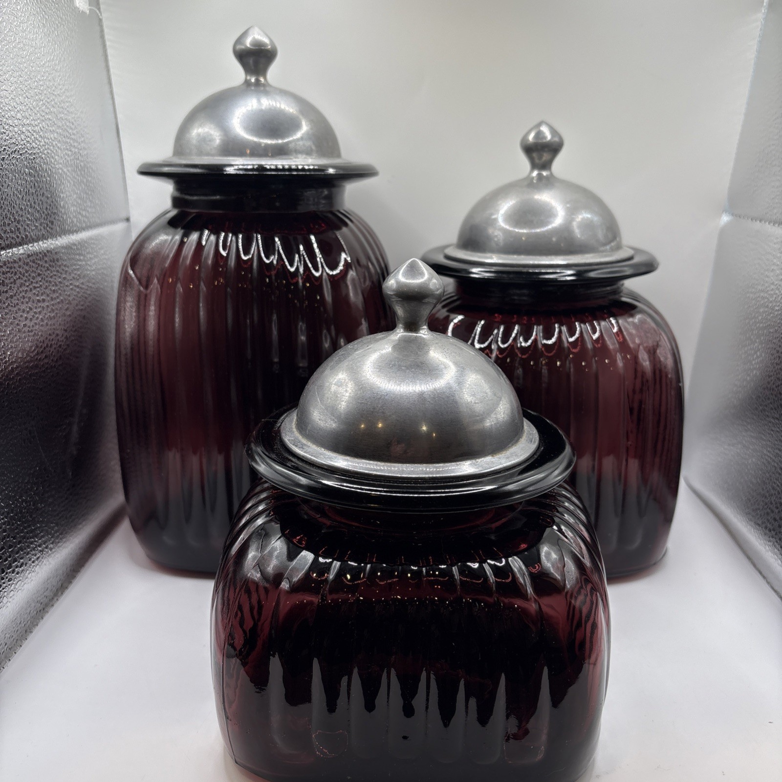 Vintage Artland Amethyst Ribbed Glass Canister Set With Metal Lids 12H, 10h, 8H Vintage Artland Amethyst Ribbed Glass Canister Set With Metal Lids 12H, 10h, 8H