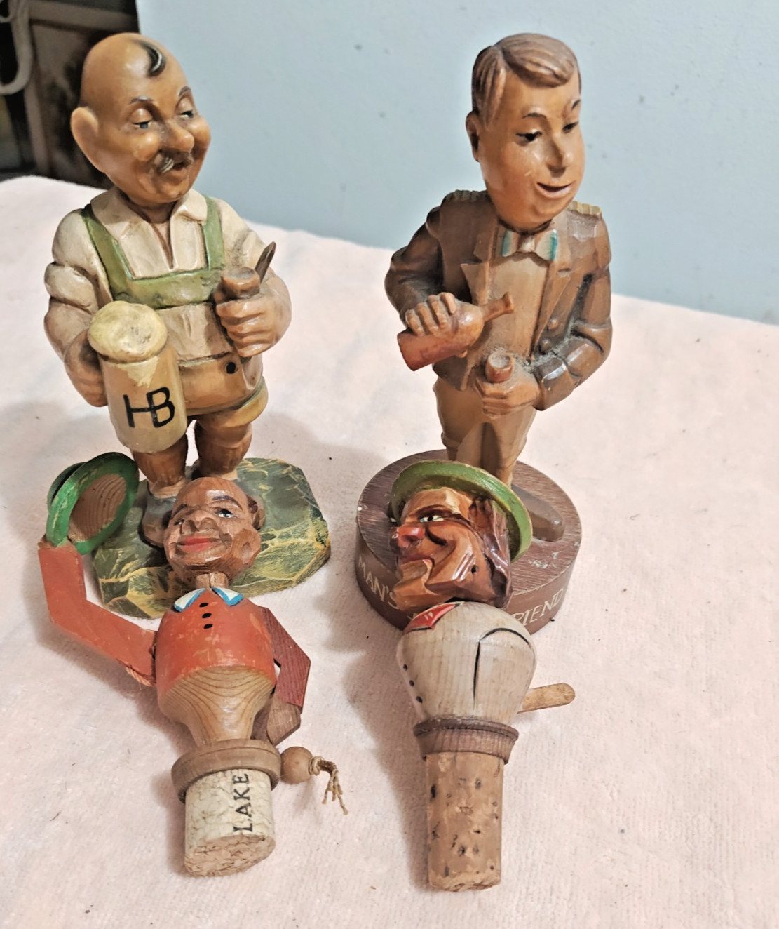 ANRI Vintage Wood Figurines and Bottle Stoppers 4 in all ANRI Vintage Wood Figurines and Bottle Stoppers 4 in all