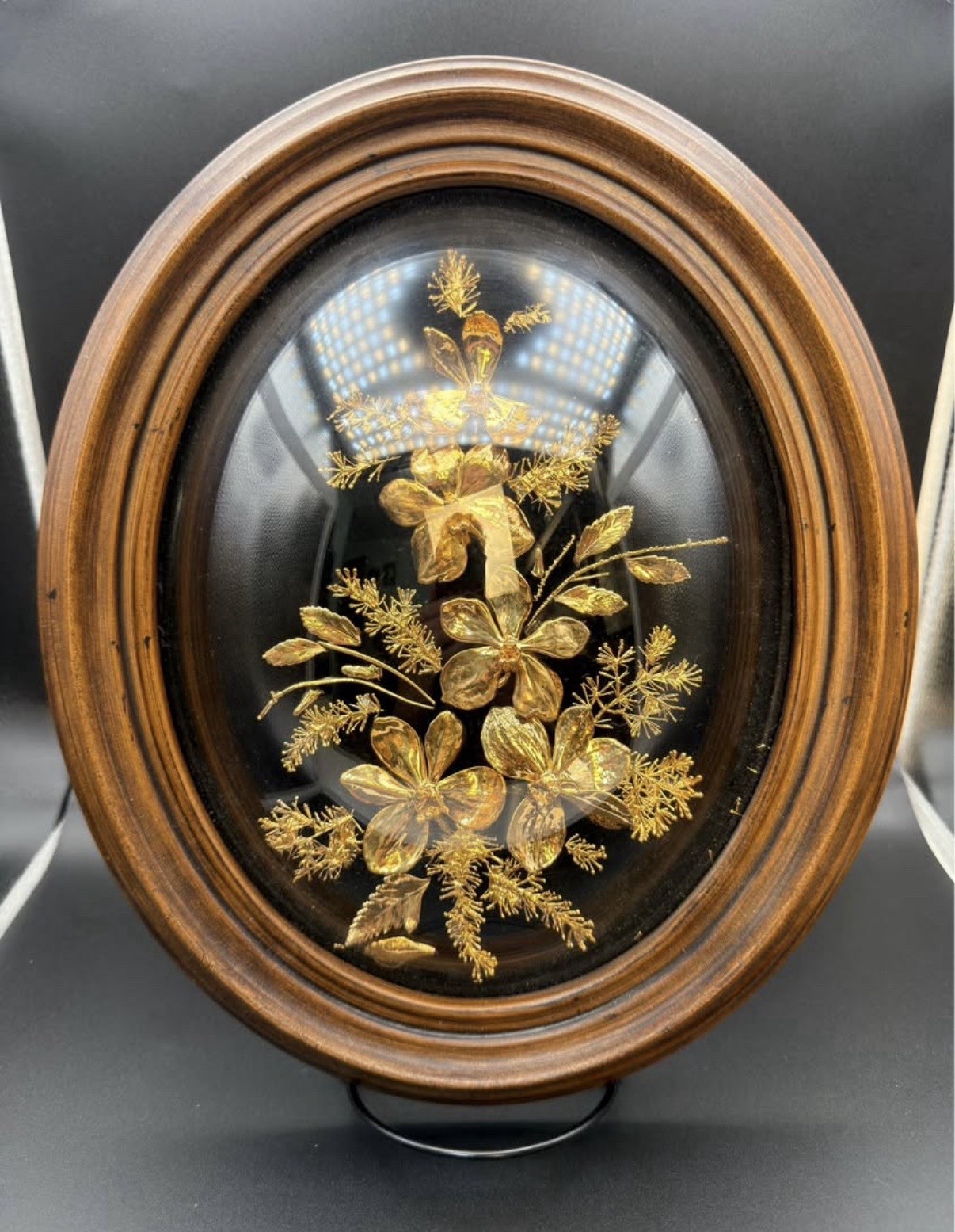 Vintage 1978 Saburo Maui 24K Gold Dipped Orchid Hawaiian Dome Glass Frame 12”
