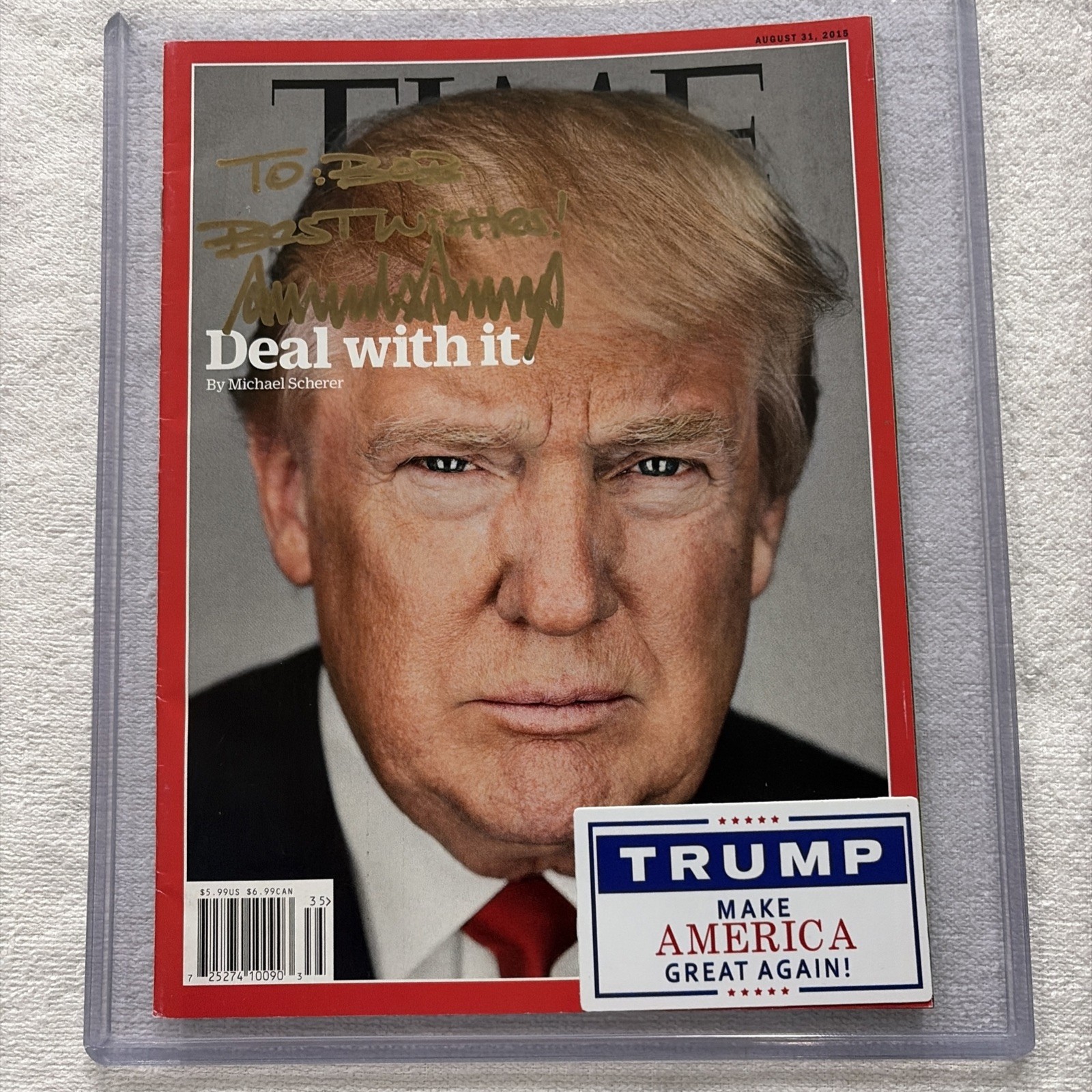 Donald Trump Hand Signed GOLD INK Time Mag. 