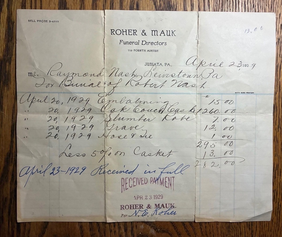 1929 Antique Funeral Bill Receipt Roher & Mauk Juniata PA Robert Nash