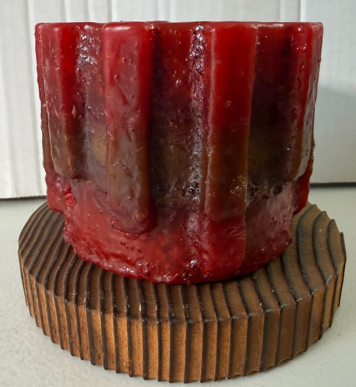 Vintage 1970s Brutalist Candle Red on Wood Base Mid Century Unique 3\