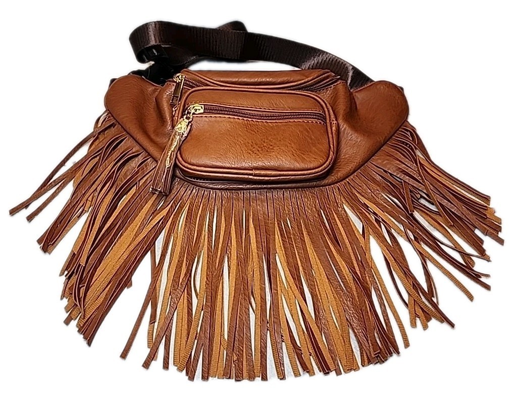 New Tan Brown Fringed Western Crossbody Or Fanny Pack Faux Leather Vegan Cowgirl