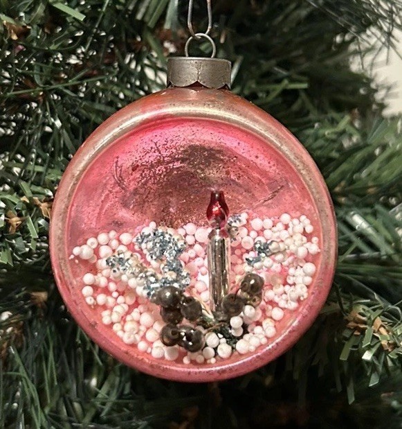 VTG 1950s Pink Mercury Glass 2.25” Indent 3D Candle Diorama Christmas Ornament