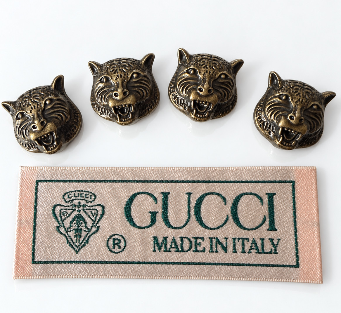 GUCCI 4 Tiger Head Buttons Antique Gold 20mm Woven Fabric Clothing Label Tag GG