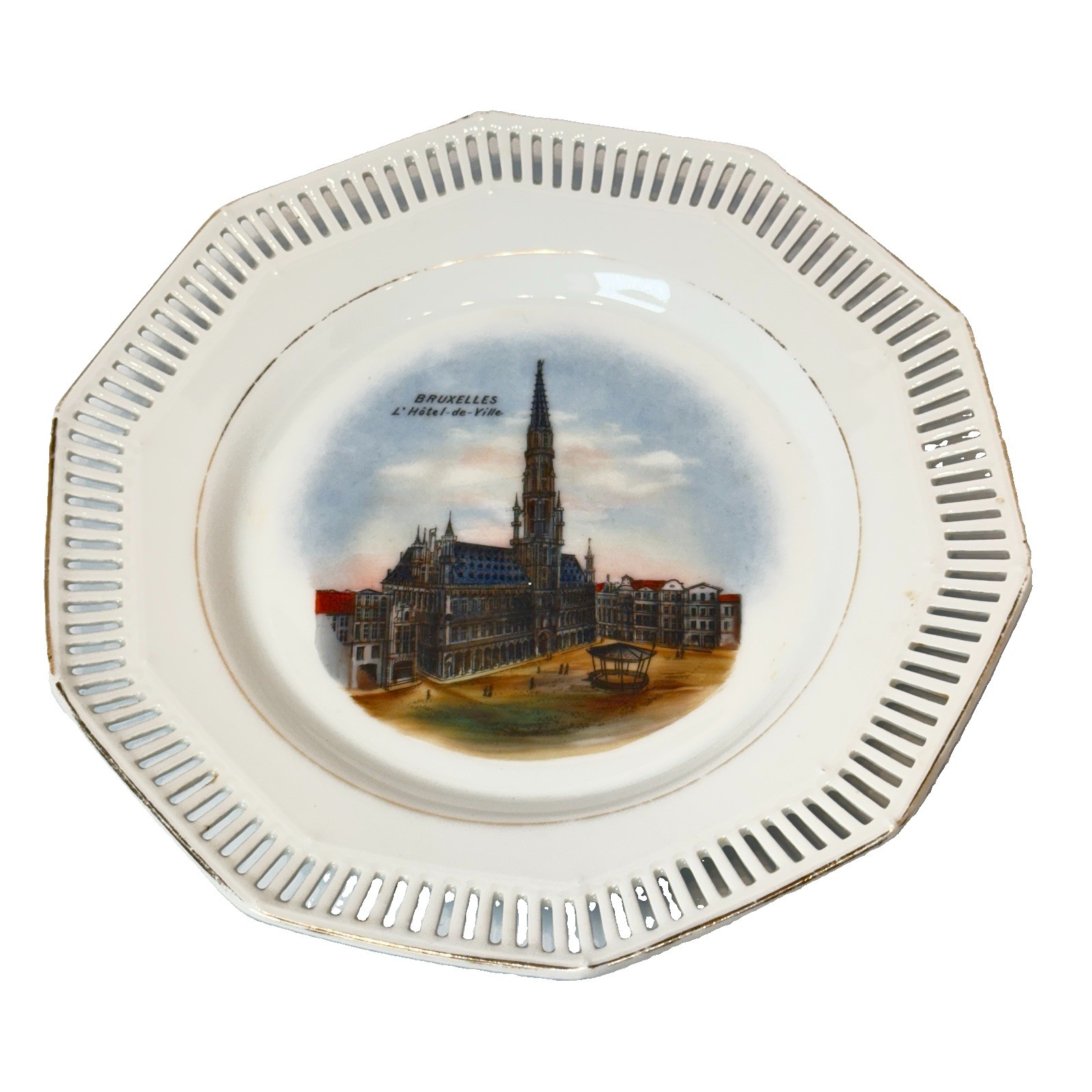 BRUXELLES L’ HOTEL de Ville Brussels, Belgium ANTIQUE SOUVENIR DISH PLATE
