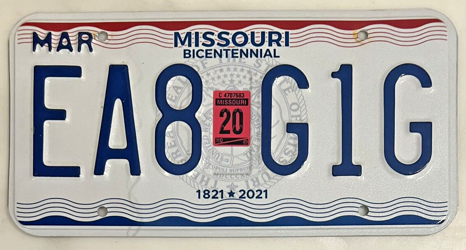 Missouri Bicentennial 1821-2021 Automobile License Plate - RANDOM SELECTION
