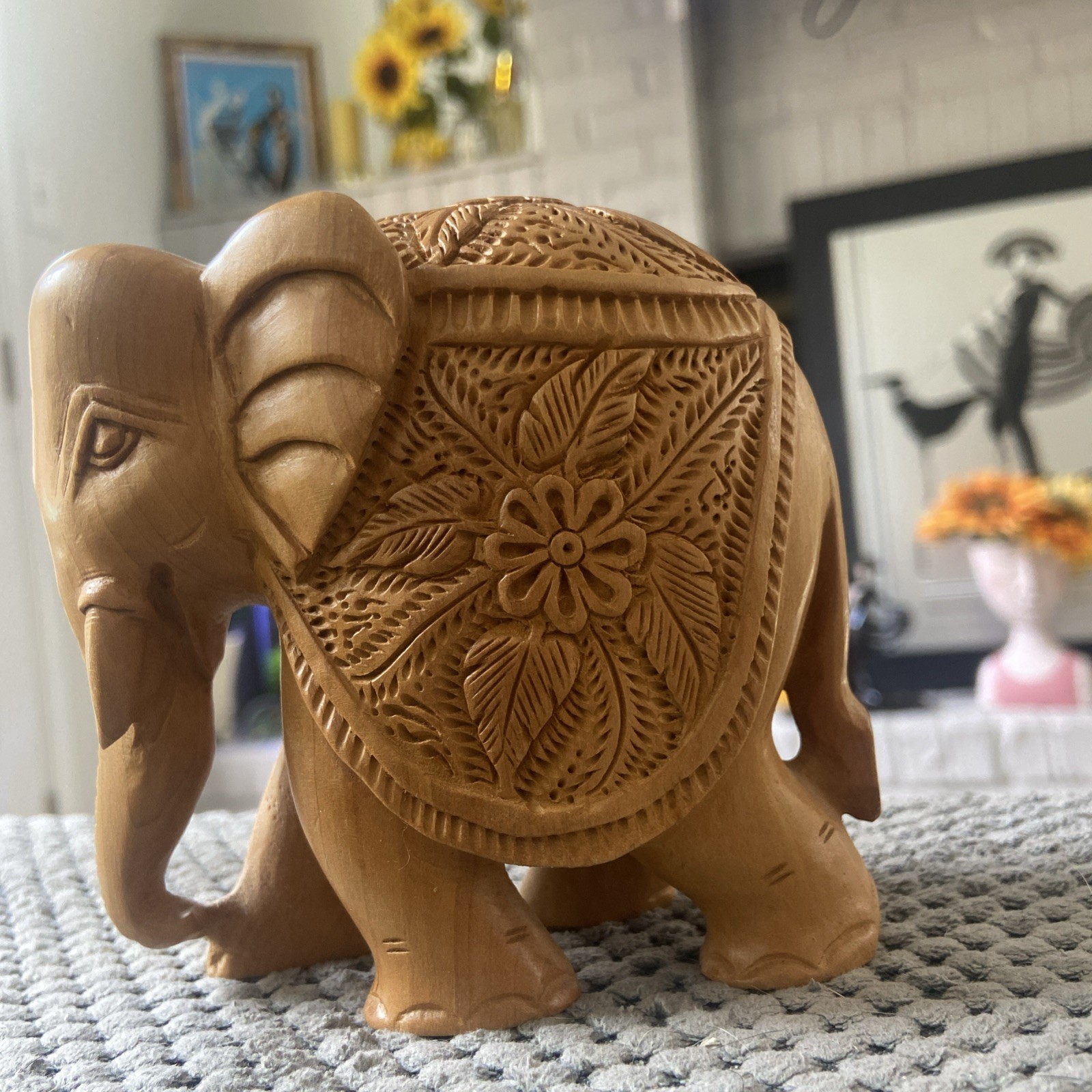 Vintage Hand Carved Wooden Elephant Sculpture