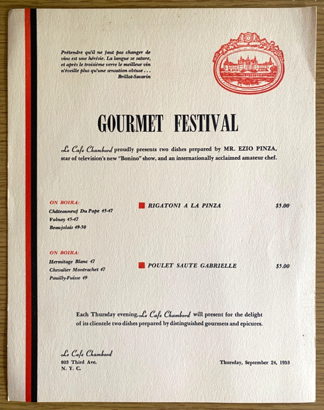 1953 LE CAFE CHAMBORD vintage restaurant dinner menu NEW YORK CITY - Ezio Pinza 1953 LE CAFE CHAMBORD vintage restaurant dinner menu NEW YORK CITY - Ezio Pinza