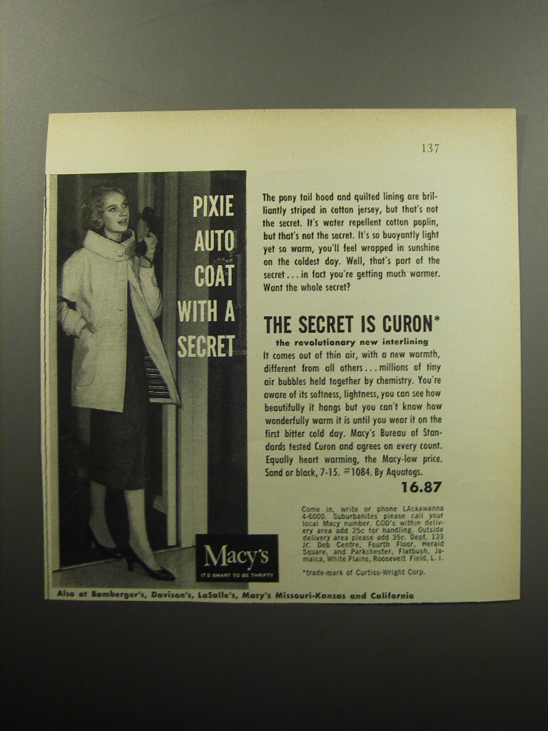 1957 Macy\'s Pixie Auto Coat Advertisement - Pixie Auto Coat with a secret
