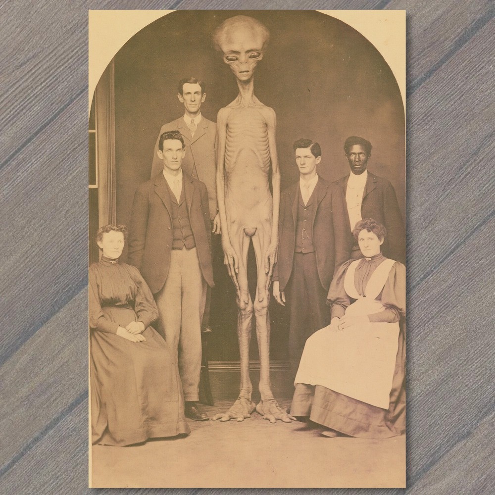 POSTCARD Alien Grey Tall Humanoid Group Victorian Sepia Oddity Paranormal UFO POSTCARD Alien Grey Tall Humanoid Group Victorian Sepia Oddity Paranormal UFO