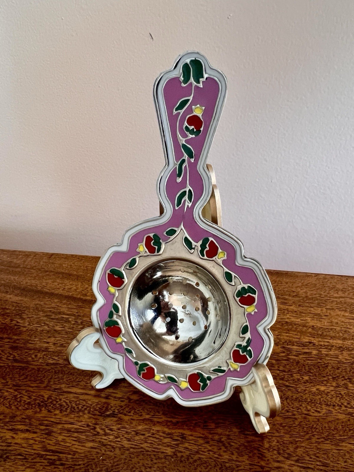 Russian Enamel and Metal Tea Strainer Vine and Fruit Design Vintage