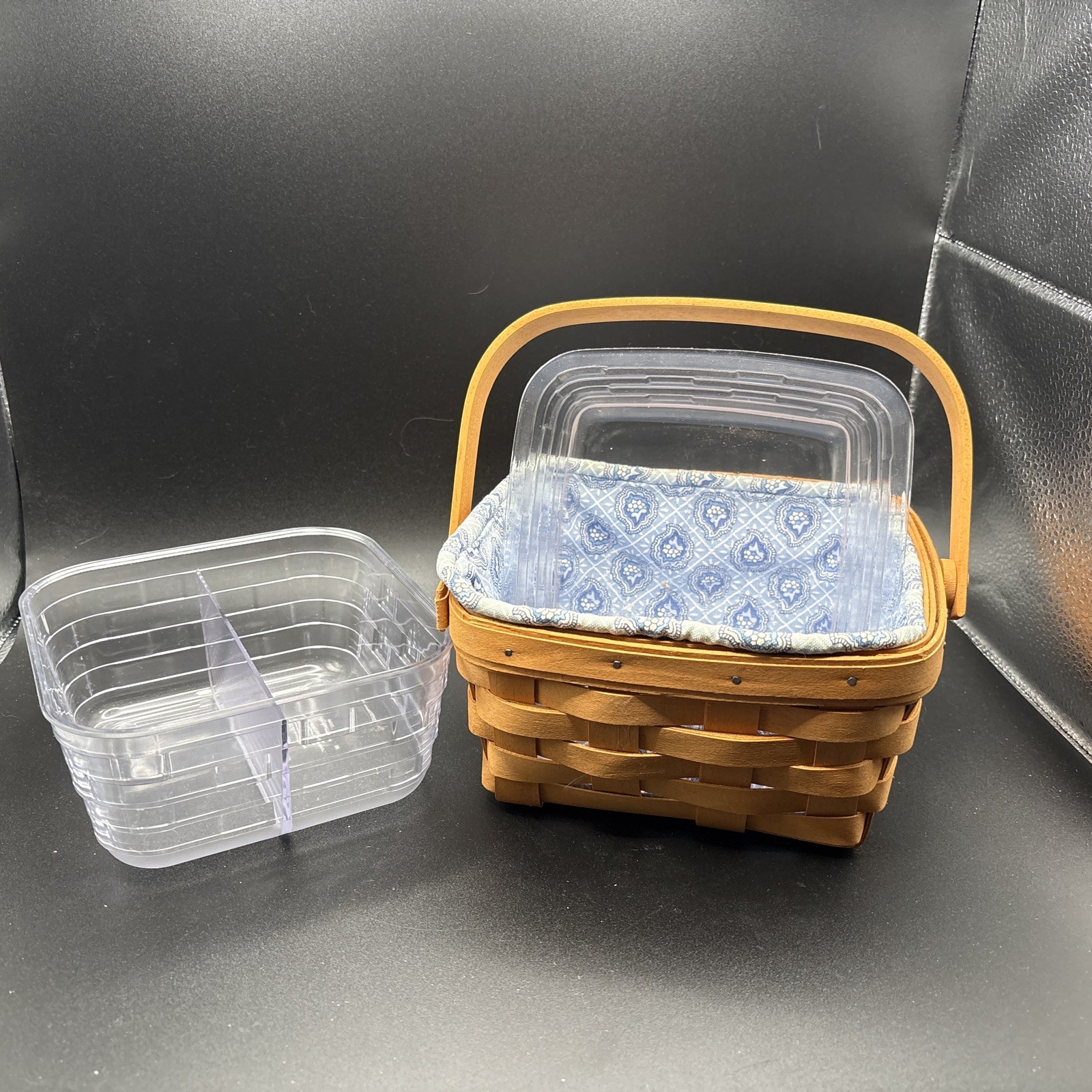 longaberger Small Square Basket With Blue Liner Plus 2 Plastic Liners. 