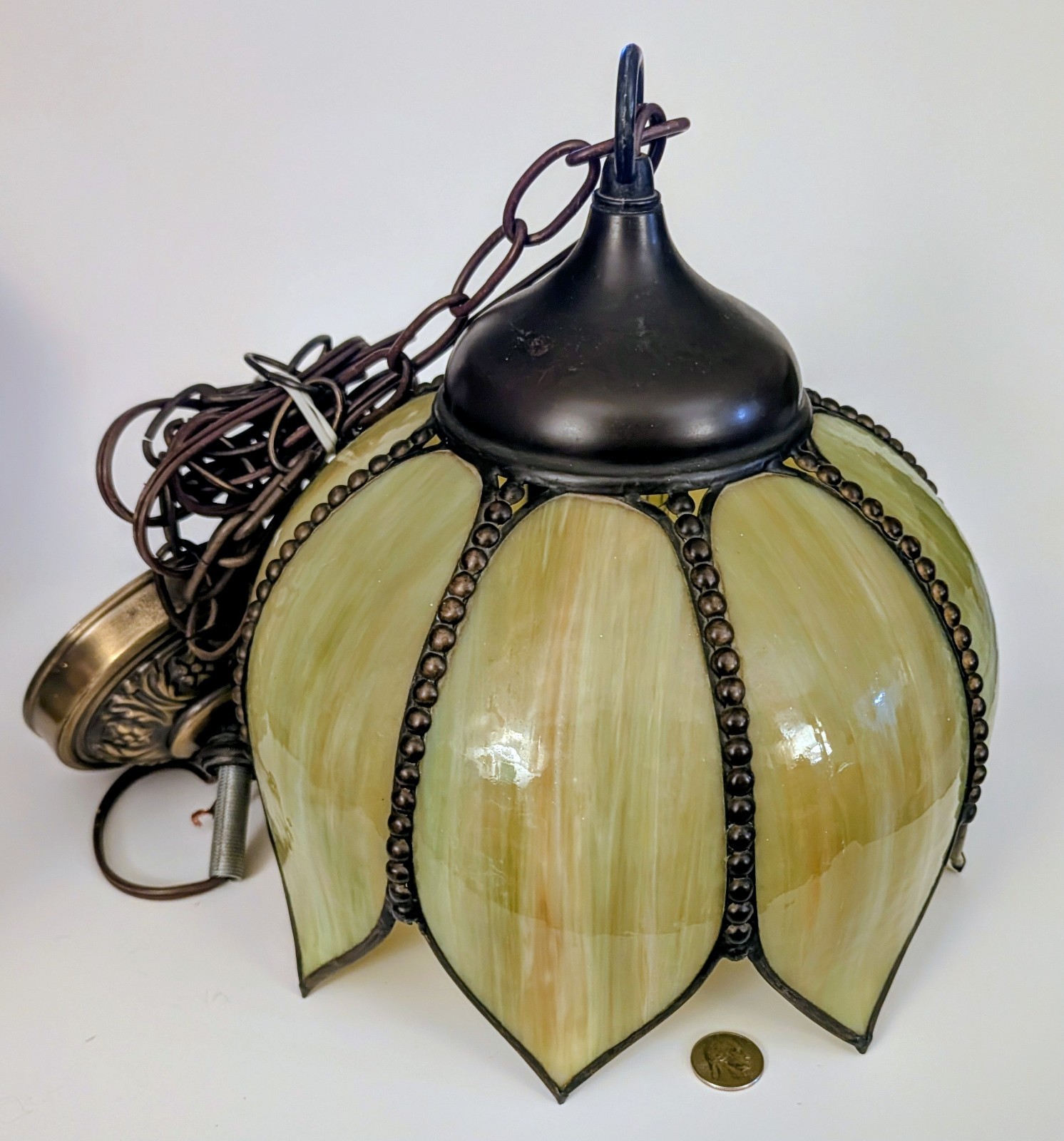 Vtg MCM Green Carmel Slag Glass Hanging TULIP Pendant Swag Lamp Pendant Fixture
