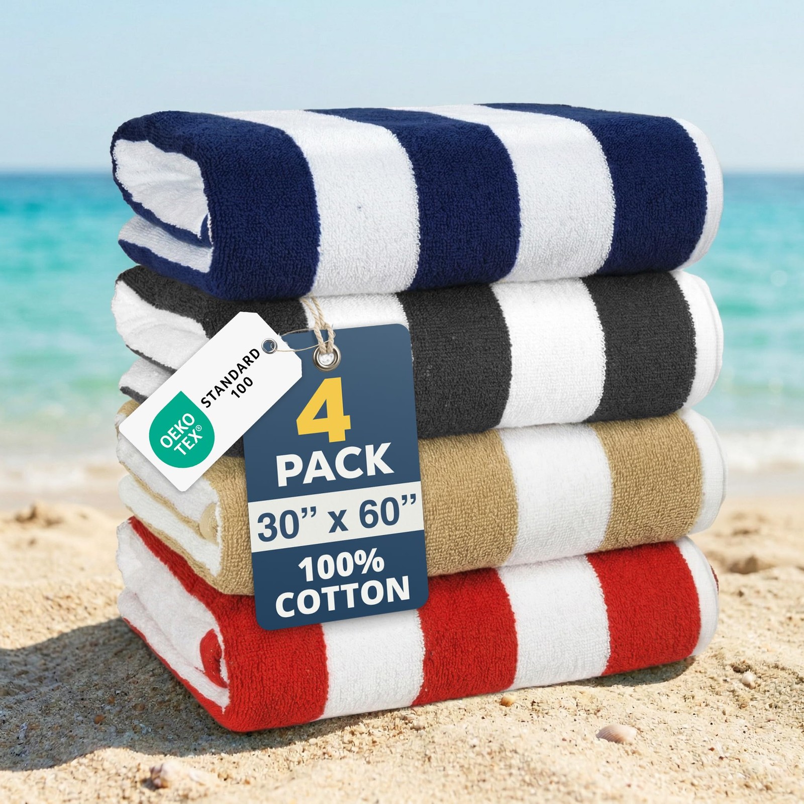 LANE LINEN Cabana Stripe Thick Soft Pool Towels Set of 4 - Ocean Breeze