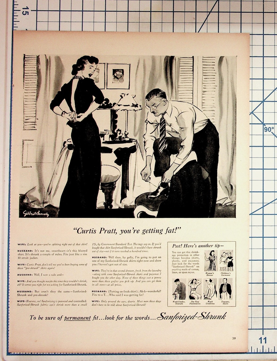 Vintage 1940s Sanforized-Shrunk Fabric Ad Gilbert Bundy Art Vintage 1940s Sanforized-Shrunk Fabric Ad Gilbert Bundy Art