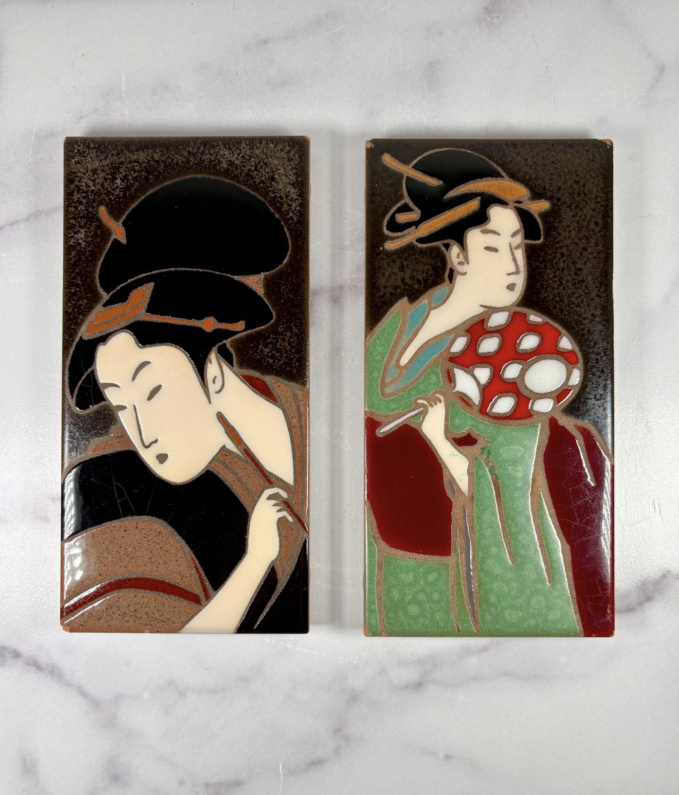 Pair Vintage Ceramic Italian Tiles Bardelli Style Pop Art Geisha Portraits 4x8 Pair Vintage Ceramic Italian Tiles Bardelli Style Pop Art Geisha Portraits 4x8
