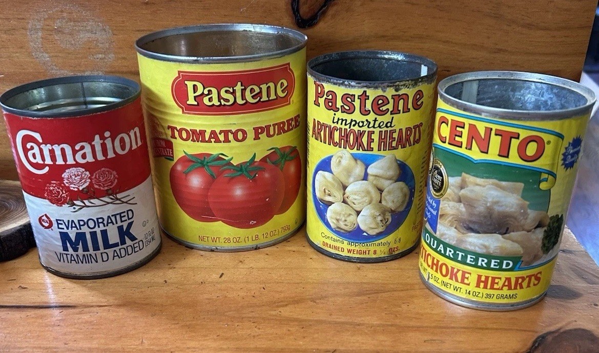 Lot of 4 Vintage Tins Cans w/ Paper Labels – Empty Lot of 4 Vintage Tins Cans w/ Paper Labels – Empty