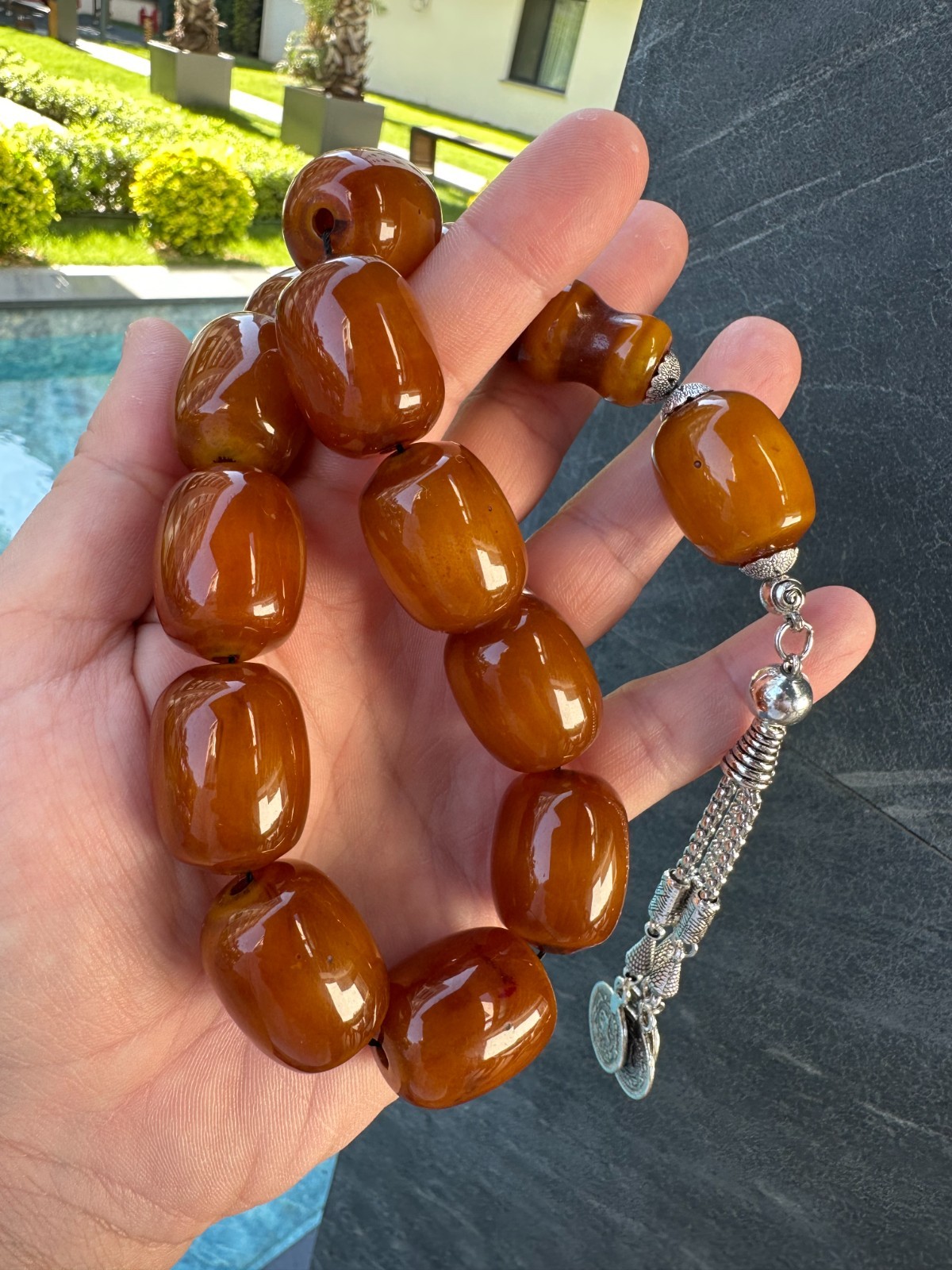 Handmade Jumbo Butterscotch Amber-Style Tesbih Prayer Beads - 11 Beads - Silver Handmade Jumbo Butterscotch Amber-Style Tesbih Prayer Beads - 11 Beads - Silver