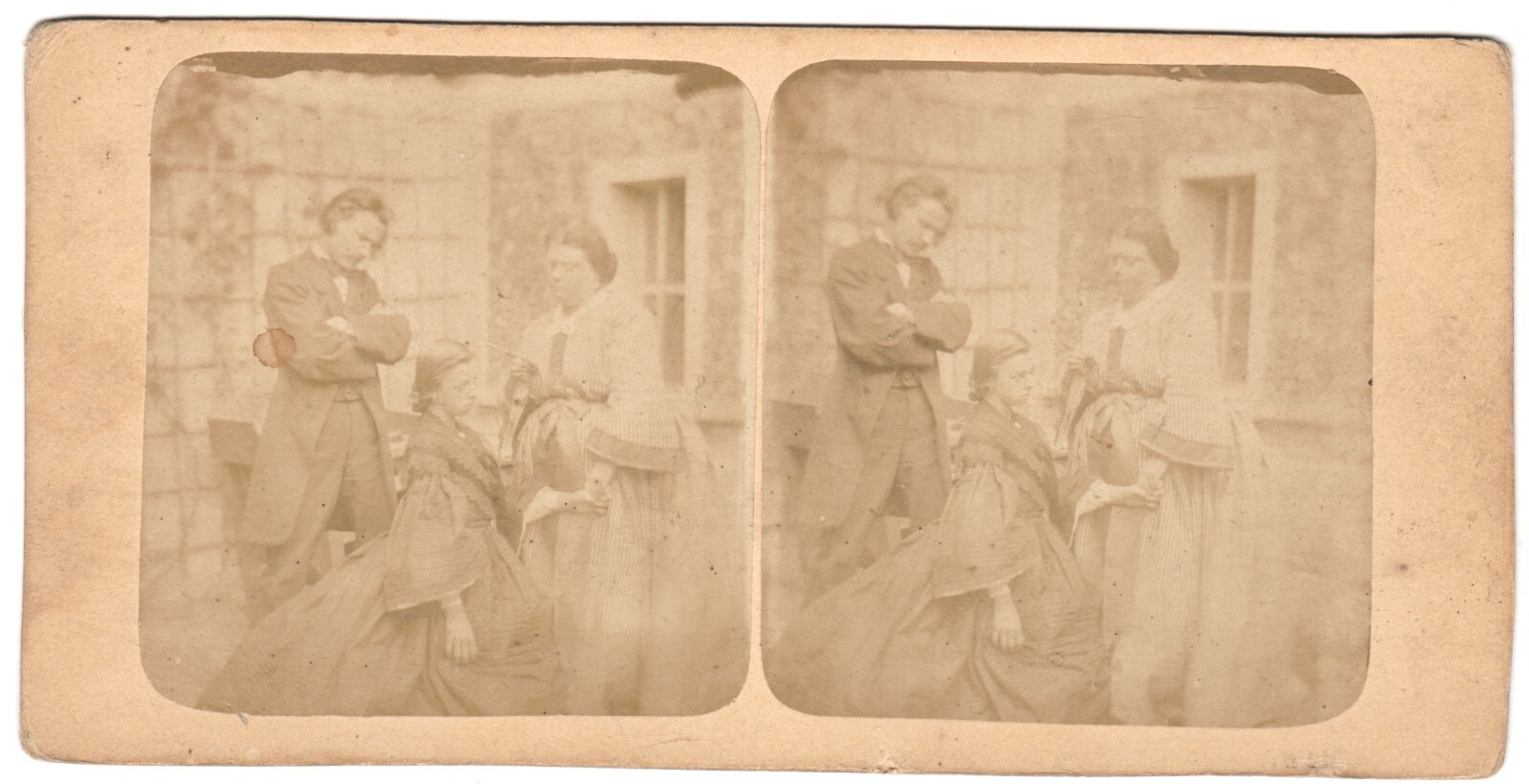 Scene The forgiveness young girl aristocrat group Stereo photo circa 1860