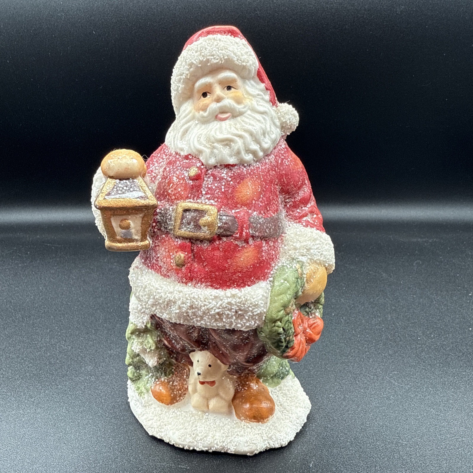 VTG Ceramic Santa Claus Holding Wreath and Lantern Glittered Christmas W/ Puppy VTG Ceramic Santa Claus Holding Wreath and Lantern Glittered Christmas W/ Puppy