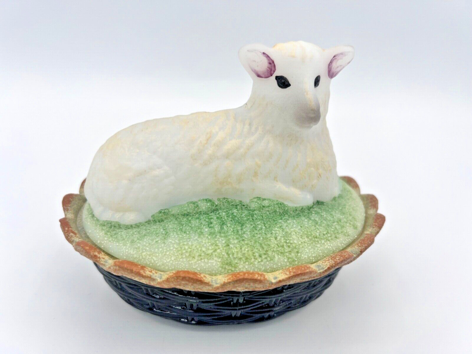 Vtg Fenton Glass Lamb Sheep on Covered Candy Dish Woven Basket - T. Mendenhall