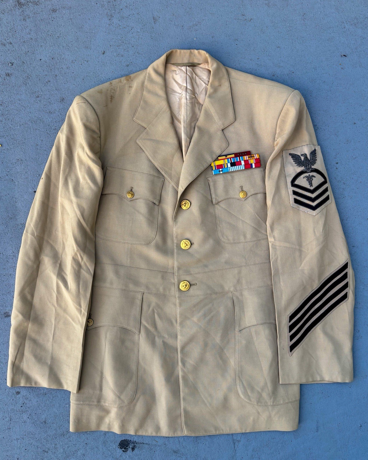 Post-WWII Hospital Corpsman Chief summer-weight khaki dress uniform jacket.