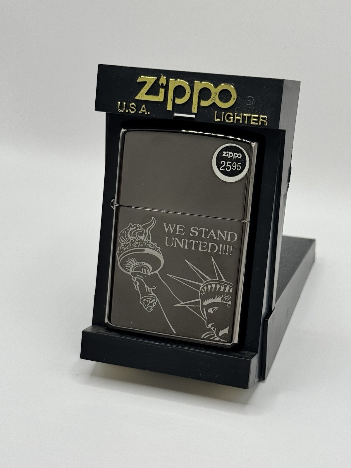 ZIPPO 2001 WE STAND UNITED STATUE MIDNIGHT CHROME LIGHTER SEALED IN BOX 633