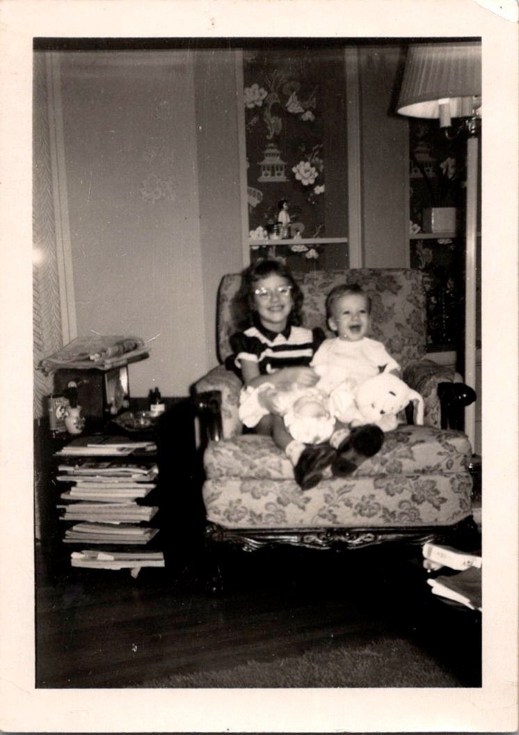 Vtg 1950s Black & White Photo Two Children Girl Baby Armchair Home Decor 642 Vtg 1950s Black & White Photo Two Children Girl Baby Armchair Home Decor 642