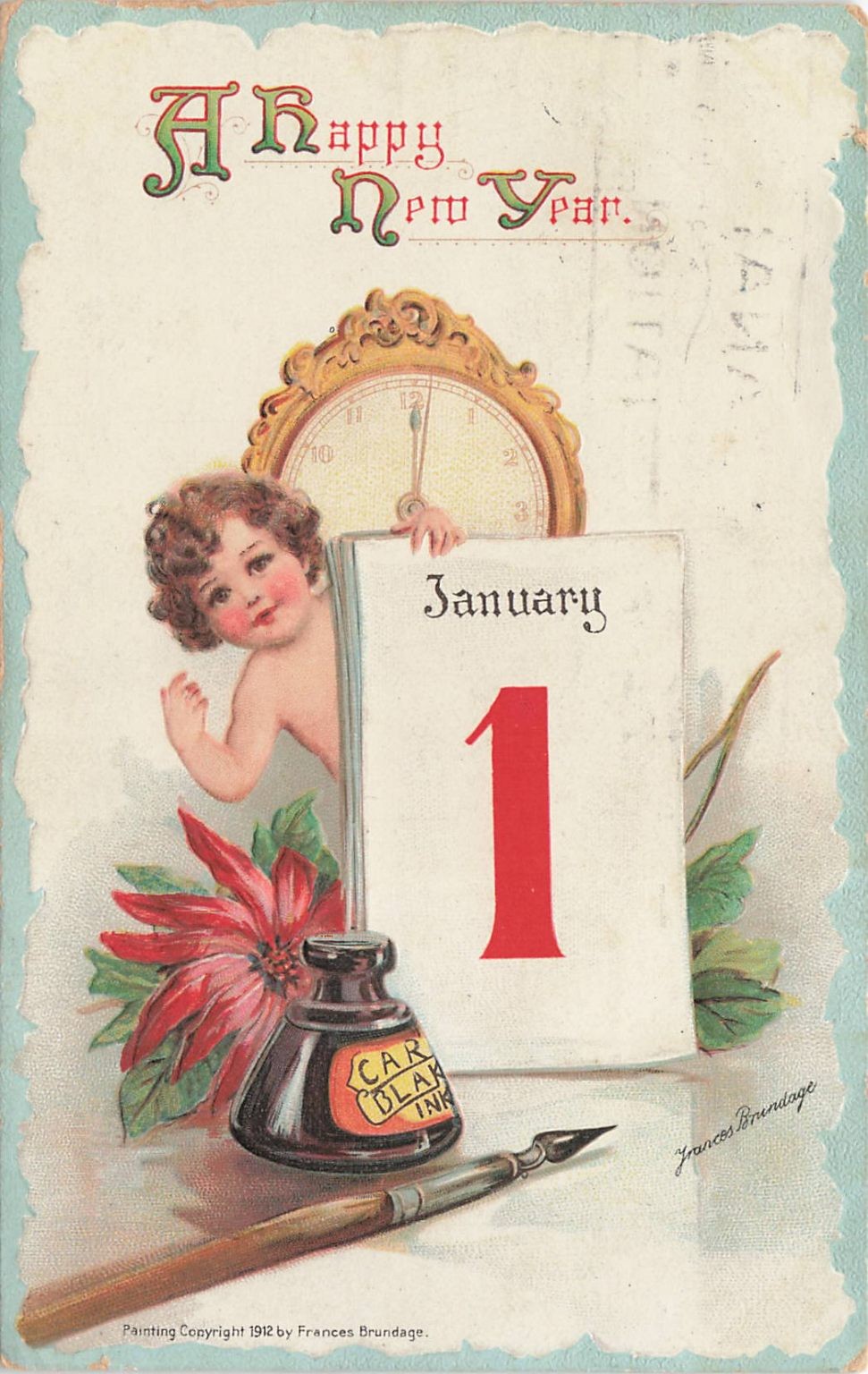 1912 Happy New Year Postcard Frances Brundage Art Cherub January 1 Poinsettia