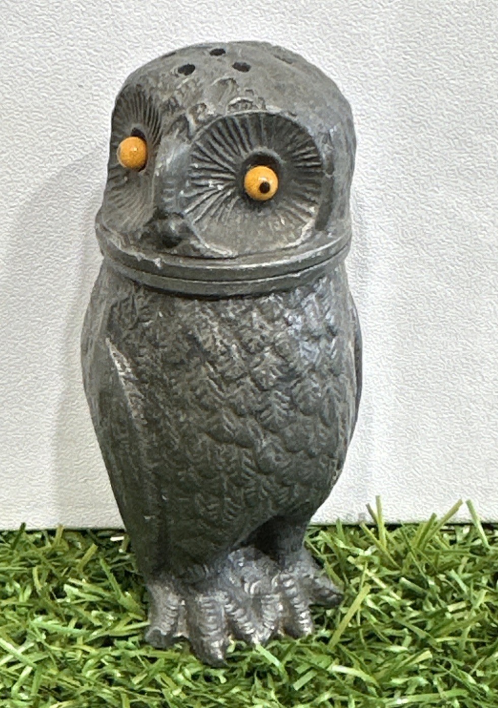 Antique Figural Metal Pewter Owl Pounce Pot Sand Shaker Glass Eyes 3