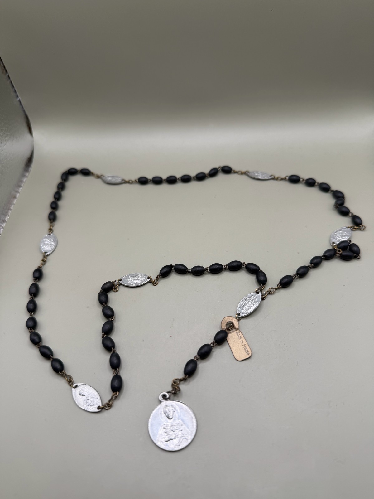 Vintage Seven Sorrows Servite Chaplet Rosary France Black Beads Aluminum Medals