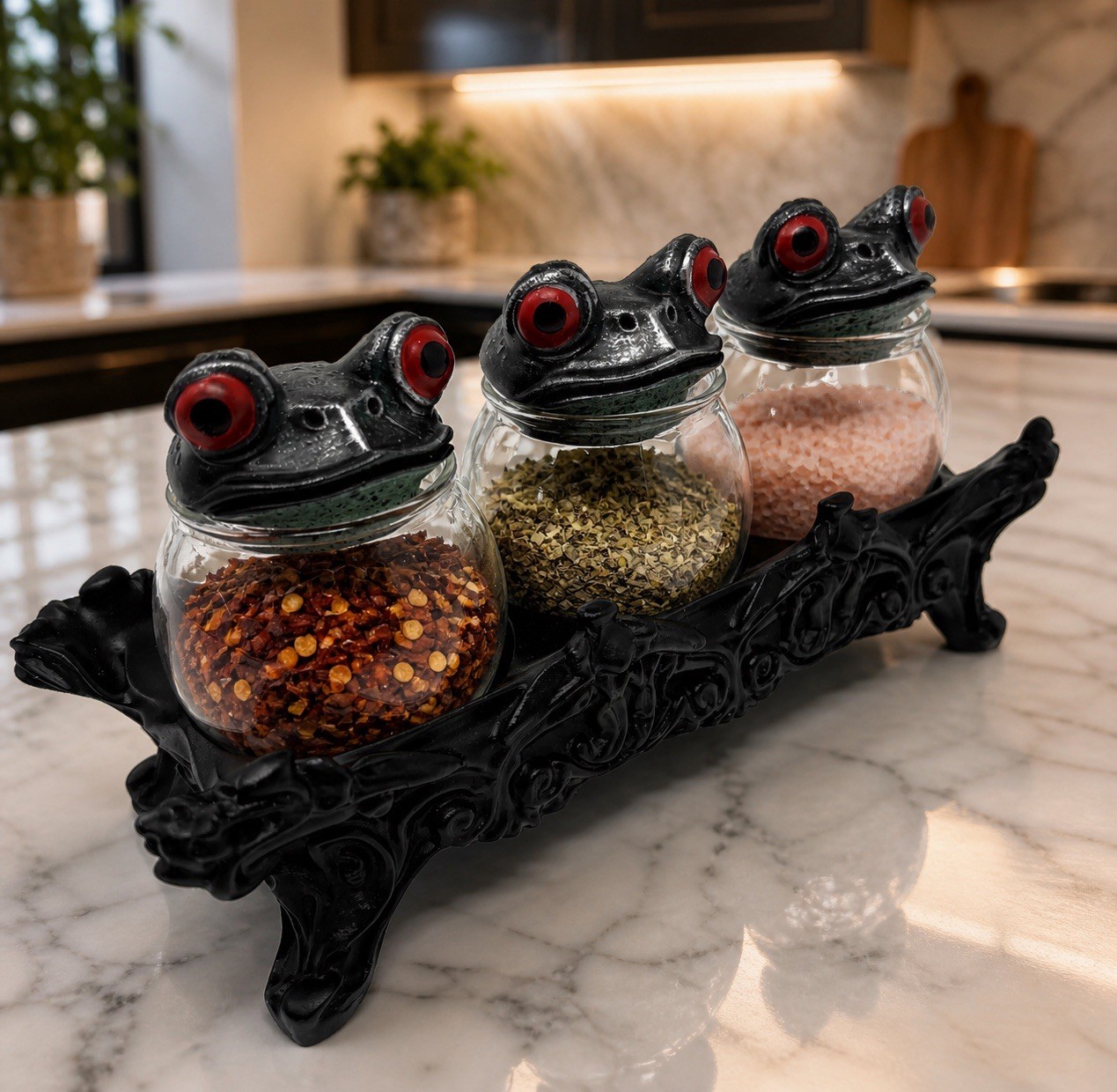 Gothic Frog Spice Jar Set 3 Apothecary Jars Ornate Black Stand Boho Kitchen New