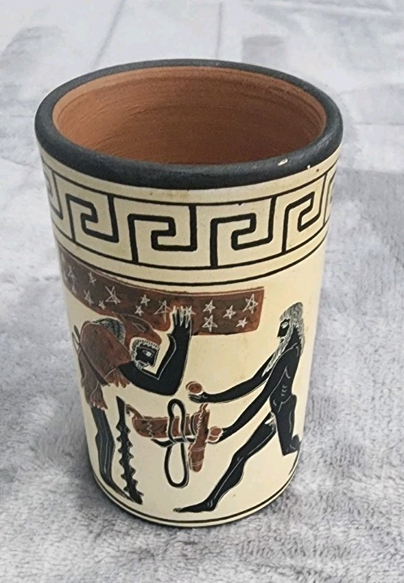 Vintage Greek Terra-Cotta Red Clay Cup Lambrough Bros.  - Neraklese And Atlas