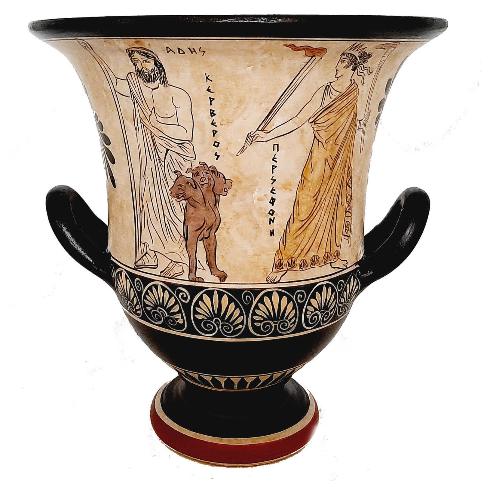 Greek Pottery Krater 26cm ,White Ground,Ades with Persephone,Perseus with Medusa