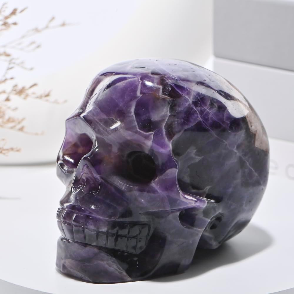 5\'\'Natural Dreamy Amethyst Crystal Skull Head Hand Carved Reiki Healing Stone St
