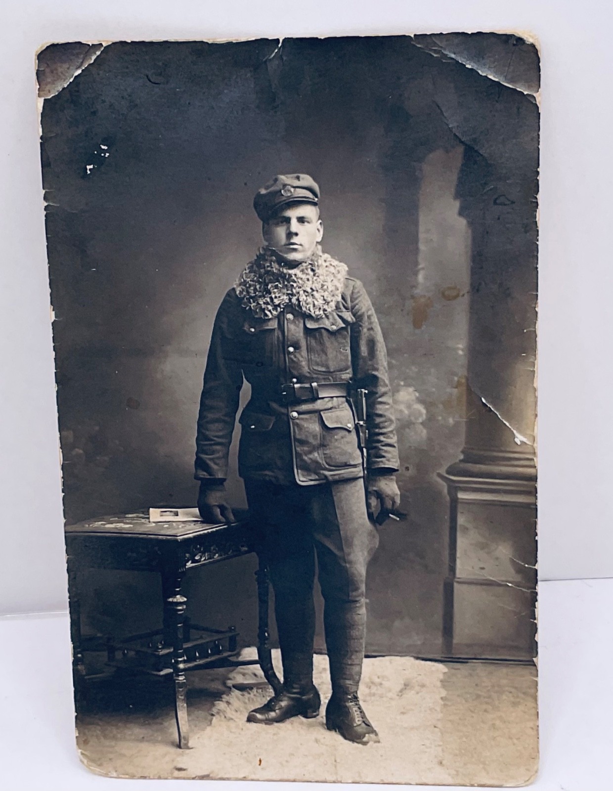 Original WWI Soldier Military Studio Portrait Photo Uniform Puttees Sidearm 1918
