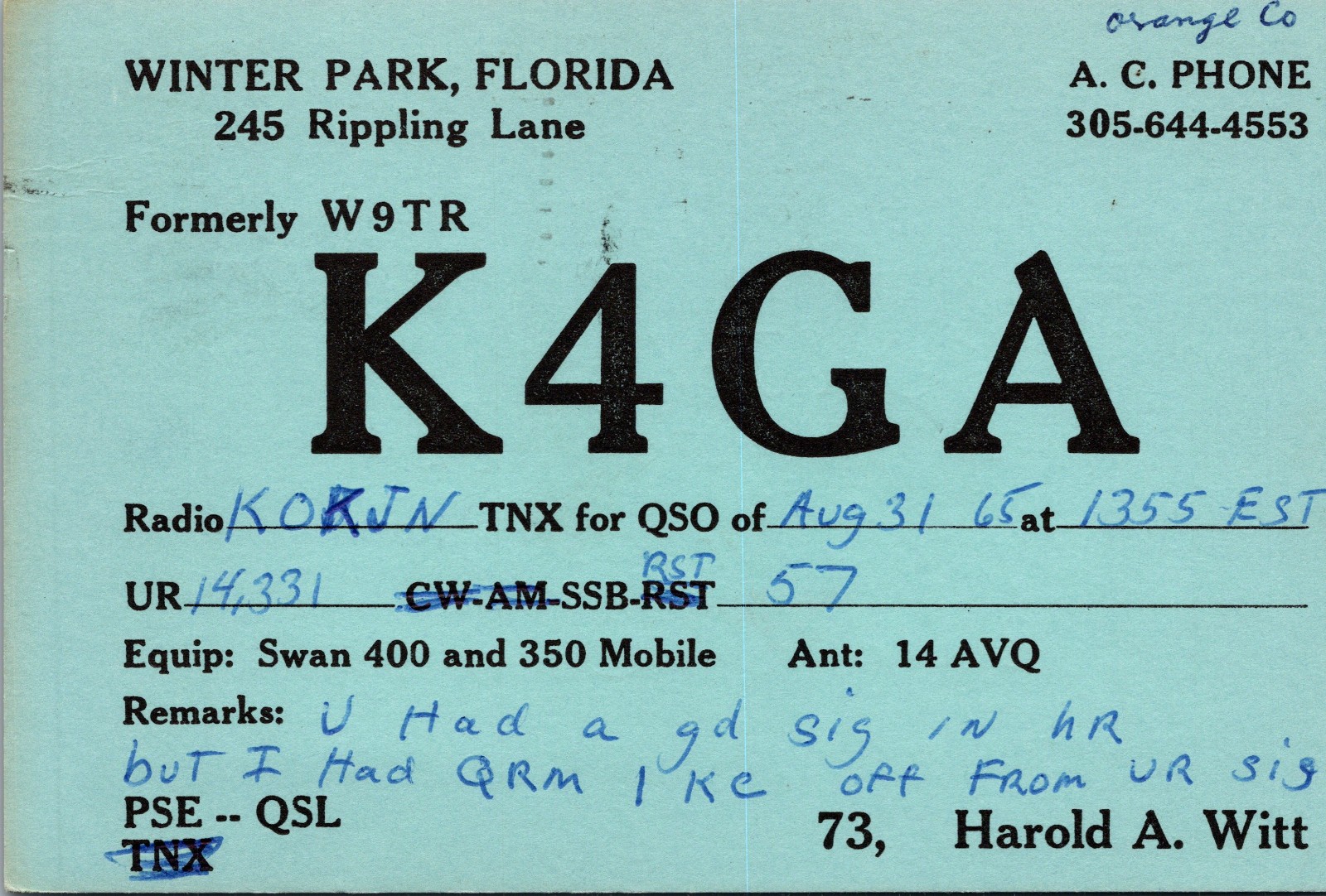 1965 K4GA Harold A Witt Winter Park Florida Ham Radio Amateur QSL Card Postcard 1965 K4GA Harold A Witt Winter Park Florida Ham Radio Amateur QSL Card Postcard