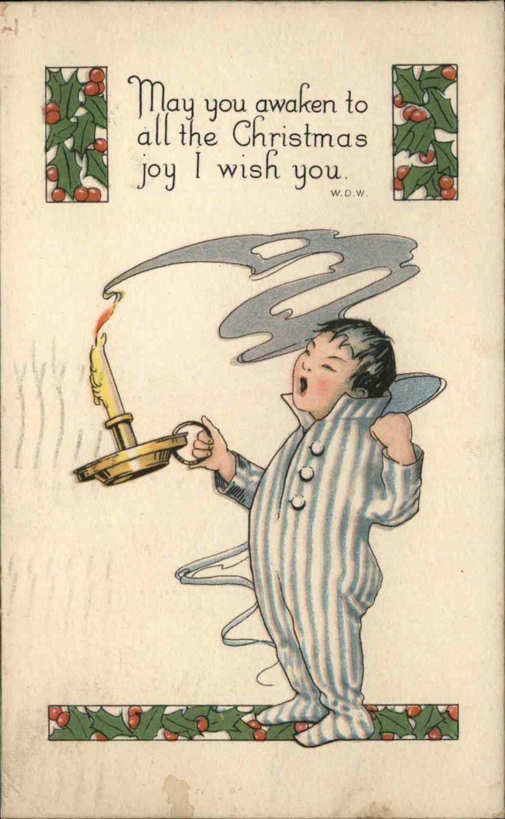 Christmas Yawning Little Boy with Candle c1910 Vintage Postcard Christmas Yawning Little Boy with Candle c1910 Vintage Postcard
