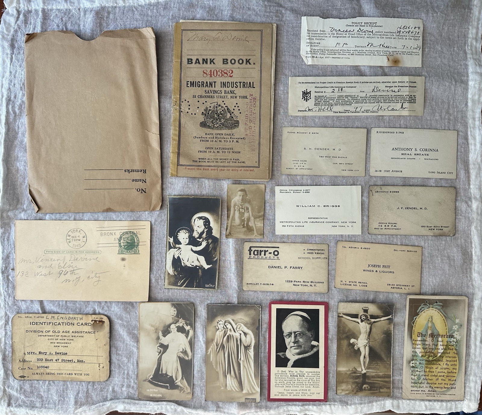Vtg NYC Ephemera Lot Devine Family 1910s-1930s Photo Letter Bank Book Holy Cards