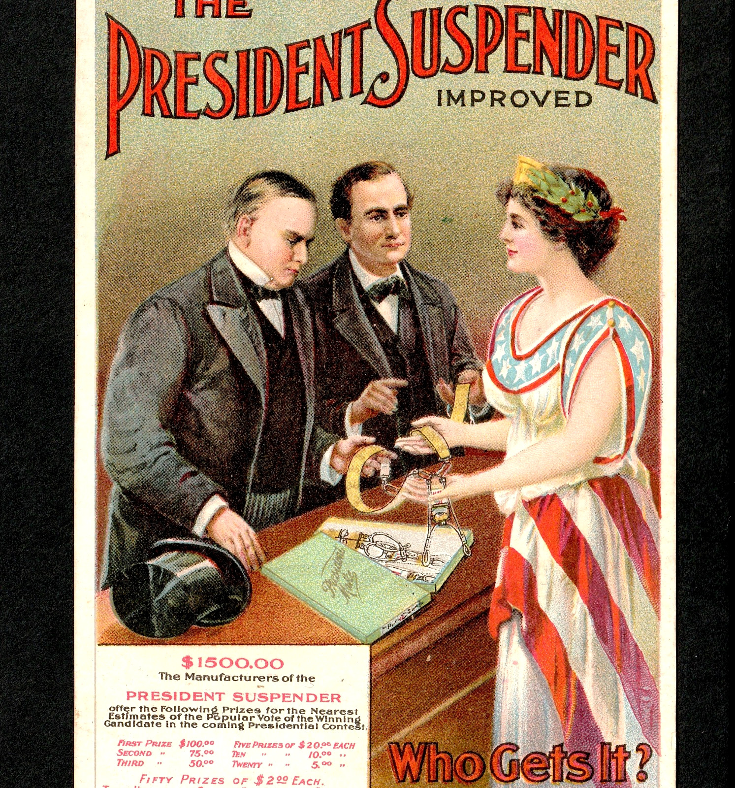 President McKinley vs Bryan Suspenders 1900 Election Columbia Ad Trade Card j.US