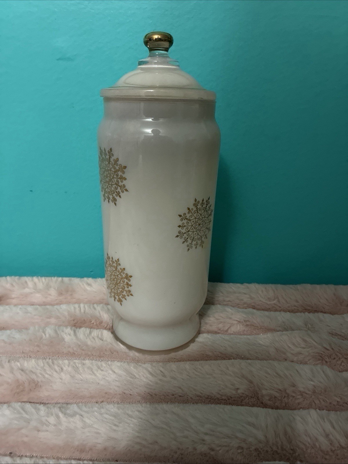 Vintage, MCM, Pink Glass, Gold, Atomic Starburst, Apothecary, Canister 8.5 inch Vintage, MCM, Pink Glass, Gold, Atomic Starburst, Apothecary, Canister 8.5 inch