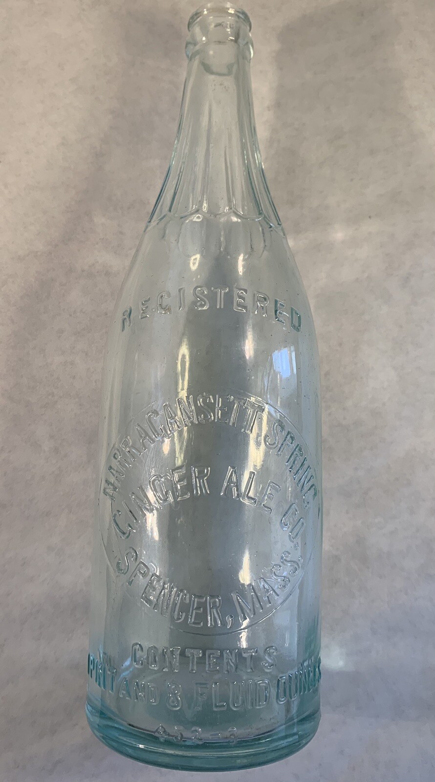 Rare Antique Narragansett Spring Ginger Ale Bottle Spencer Mass aqua big 24 oz