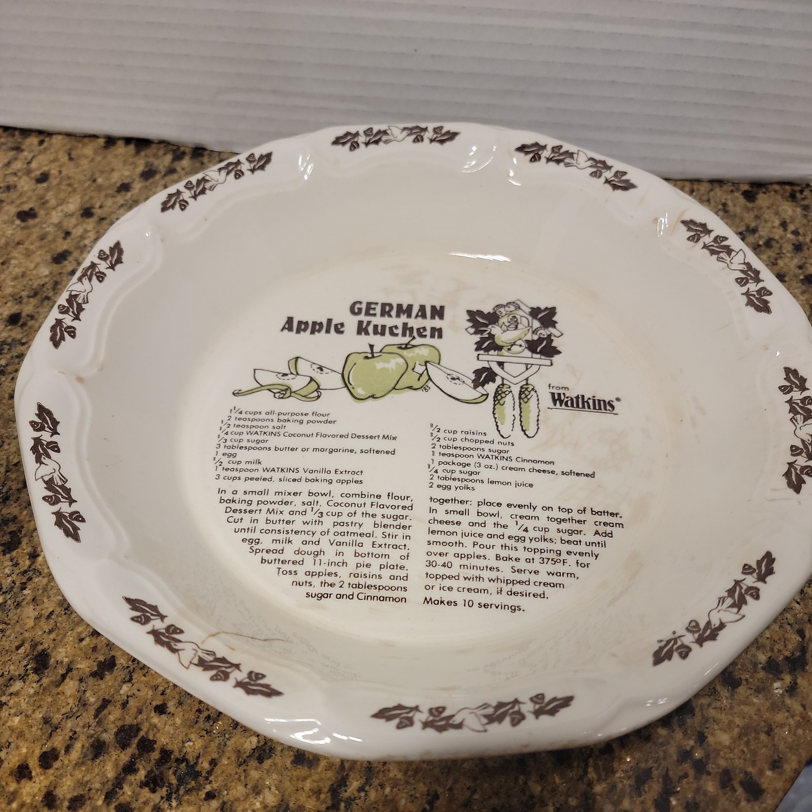 Vintage Watkins Pie Plate Ceramic German Apple Kuchen Recipe 1983 10 1/2” Dish Vintage Watkins Pie Plate Ceramic German Apple Kuchen Recipe 1983 10 1/2” Dish