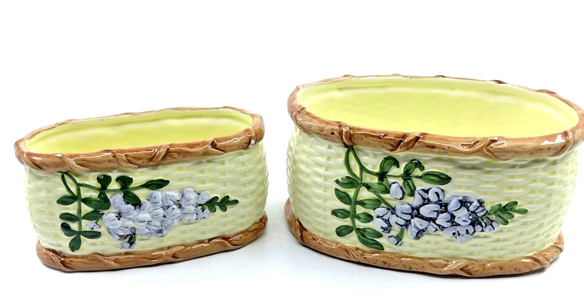 VTG 1991 CBK LTD Floral Basket Pottery Planter Farmhouse Oval Bowls Decor