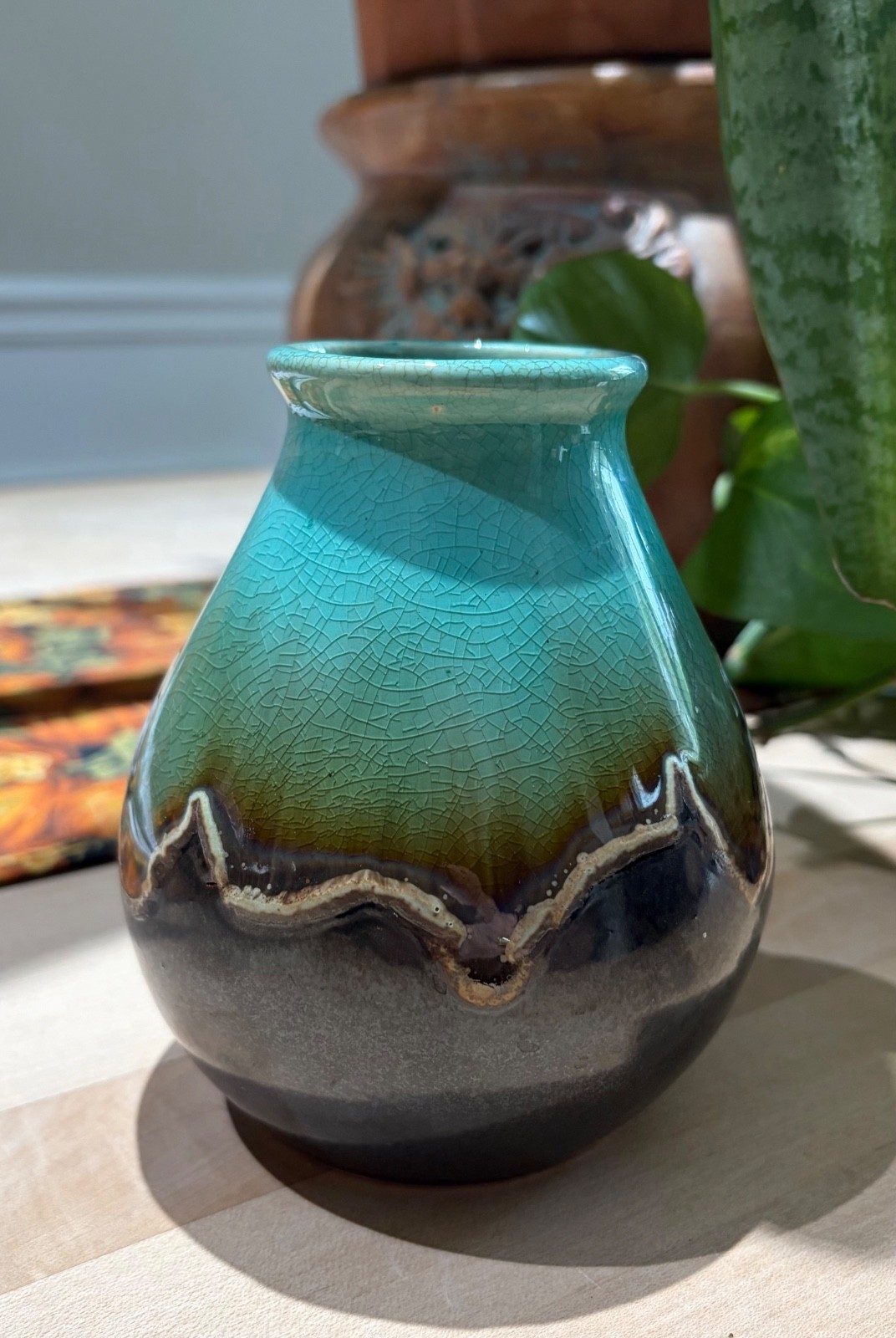 Vintage Ceramic Vase. Matte Chocolate Brown w/ Glossy Turquoise Glaze Drip. Vintage Ceramic Vase. Matte Chocolate Brown w/ Glossy Turquoise Glaze Drip.