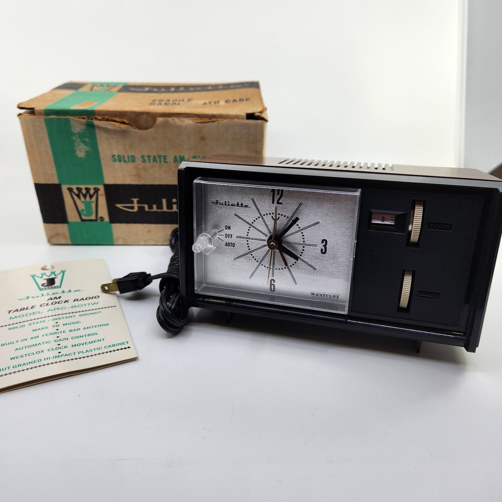 Vintage Juliette AM Alarm Clock Radio Solid State Black ACR-B011W MCM Retro Prop Vintage Juliette AM Alarm Clock Radio Solid State Black ACR-B011W MCM Retro Prop