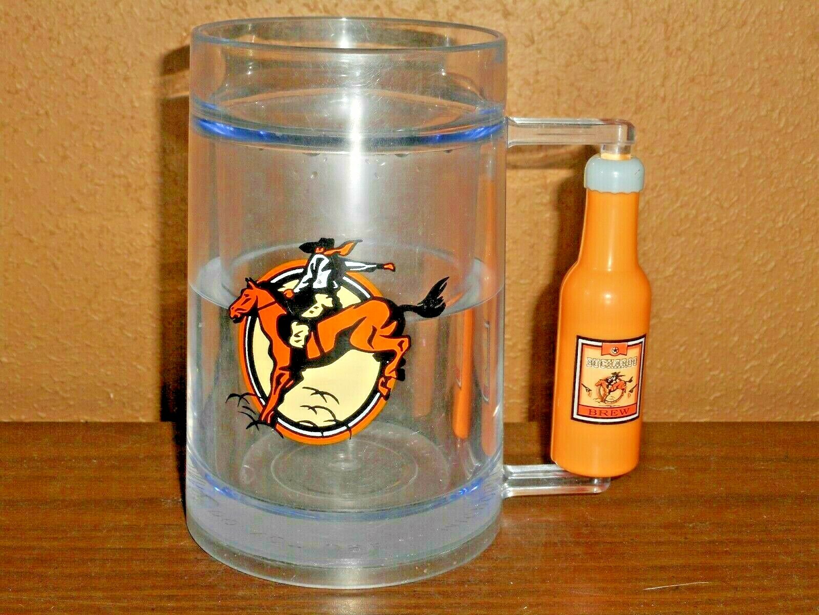 BUCKAROO BREW TALL PLASTIC FREEZER MUG RODEO BUCKING HORSE BEER BOTTLE HANDLE